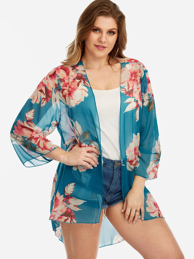 Floral Print 3/4 Sleeve Blue Plus Size Tops