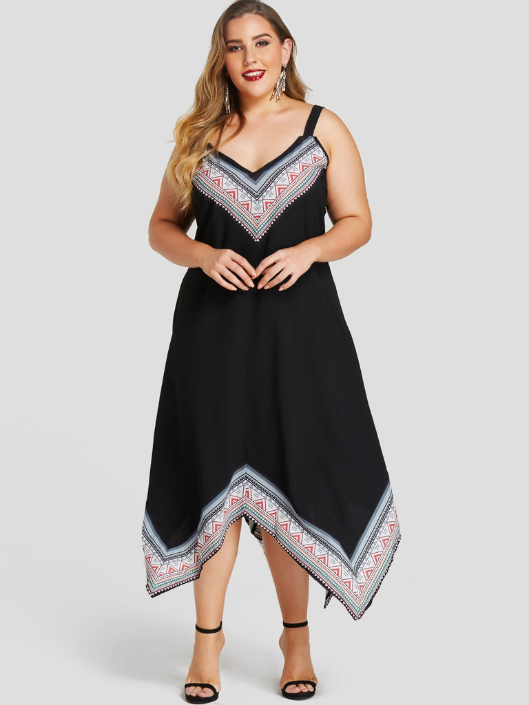 V-Neck Tribal Print Spaghetti Strap Irregular Hem Black Plus Size Dress