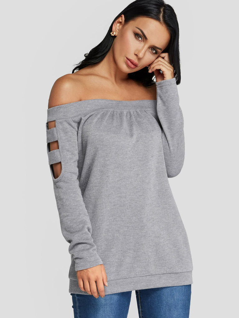 Off The Shoulder Cut Out Long Sleeve Grey Top