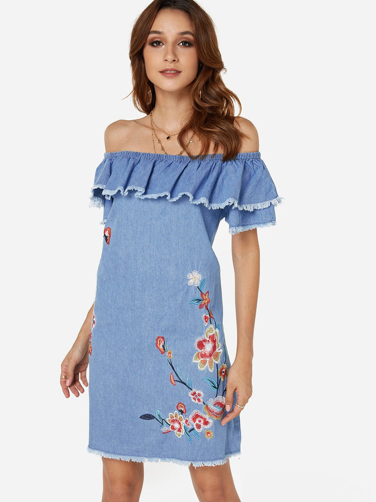 Blue Off The Shoulder Short Sleeve Embroidered Tassel Dresses