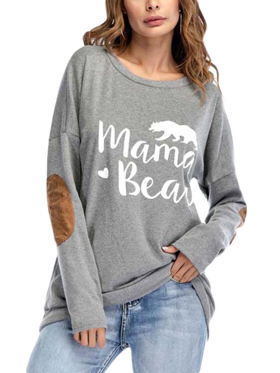 Round Neck Letter Printed Long Sleeve Grey T-Shirts