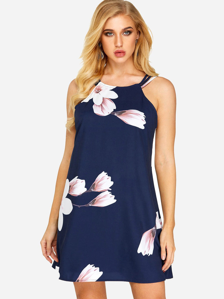 Halter Sleeveless Floral Print Backless Mini Dress