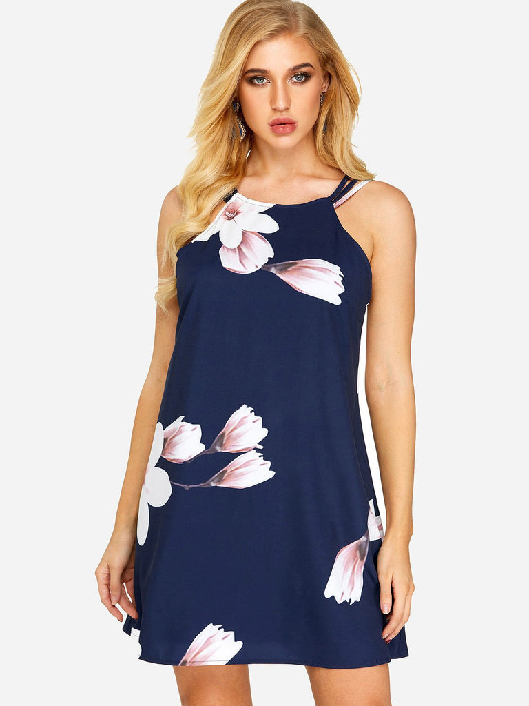 Navy Halter Sleeveless Floral Print Backless Mini Dresses