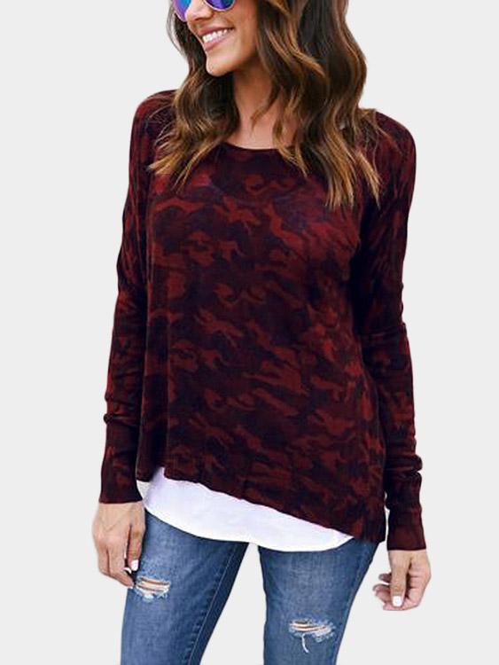 Round Neck Camouflage Long Sleeve Red T-Shirts