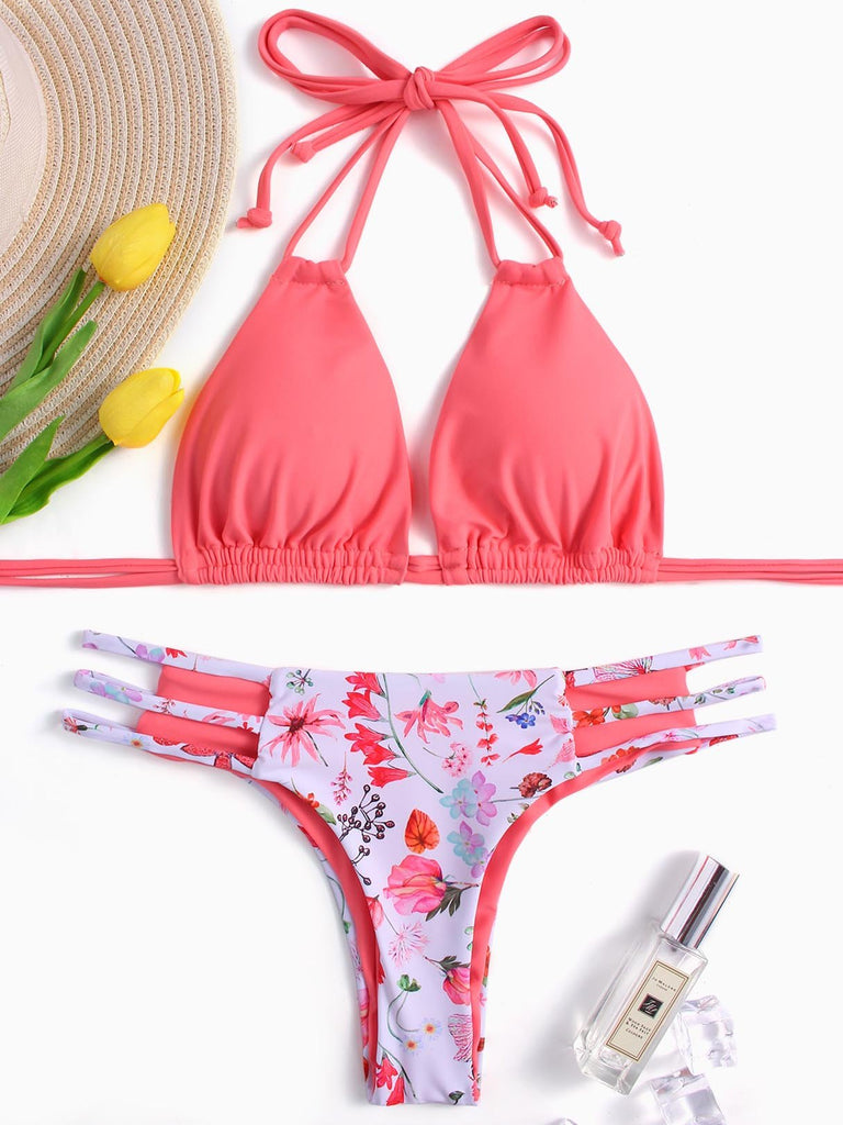 Halter V-Neck Floral Print Cut Out Tie-Up Sleeveless Pink Bikinis