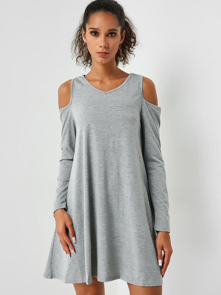 Round Neck Cold Shoulder Long Sleeve Side Pockets Casual Dresses