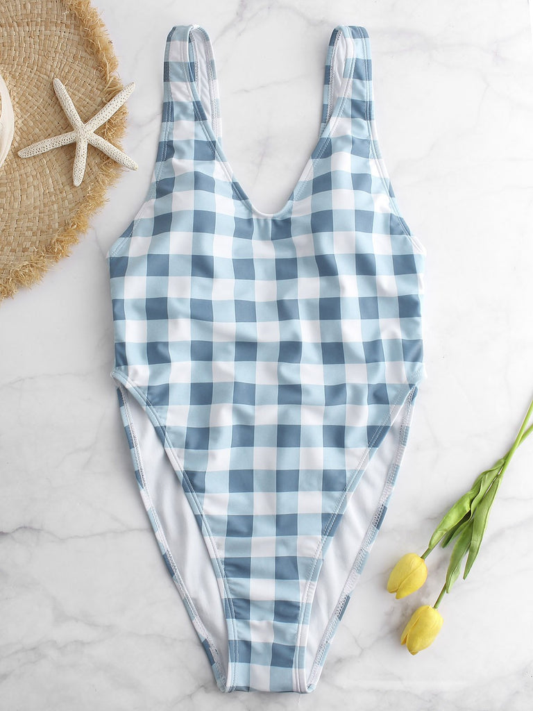 Deep V Neck Grid Backless Self-Tie One-Pieces Swimsuits