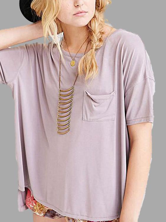Round Neck High Low Hem Purple T-Shirts