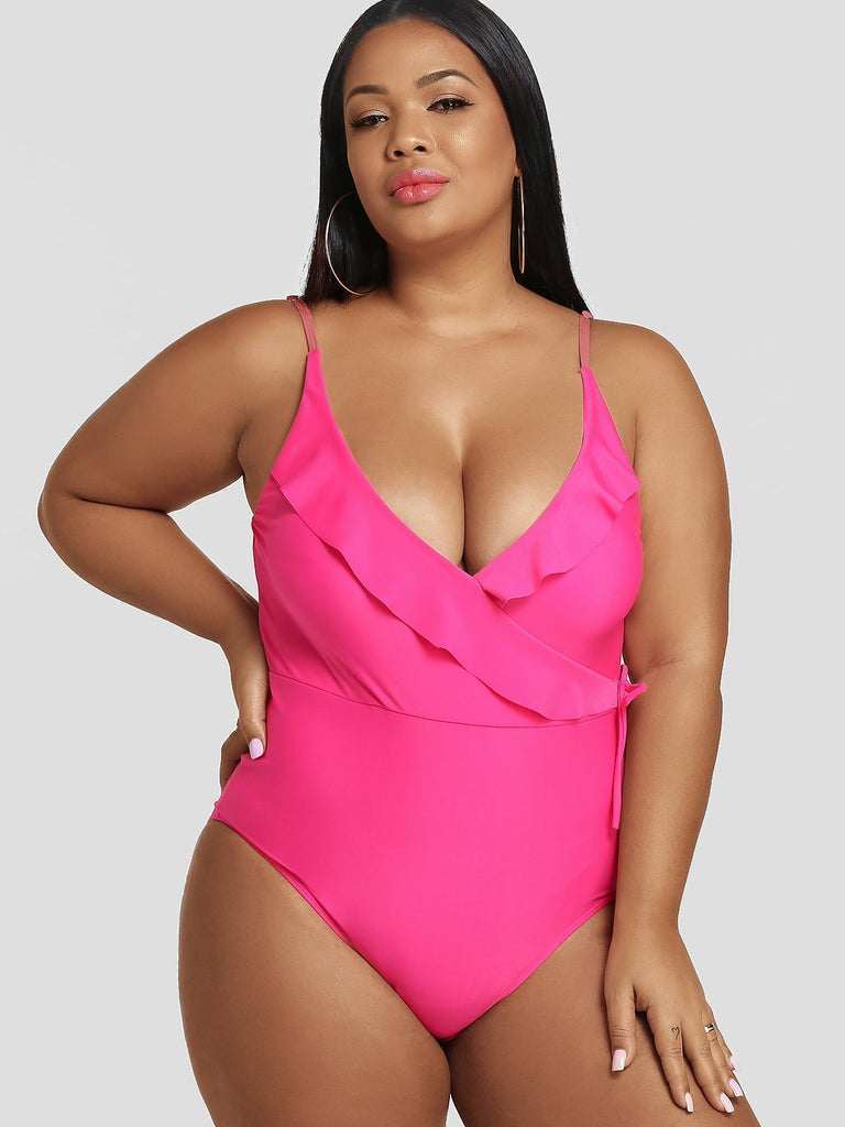 Deep V Neck Plain Lace-Up Bowknot Sleeveless Plus Size Swimwear