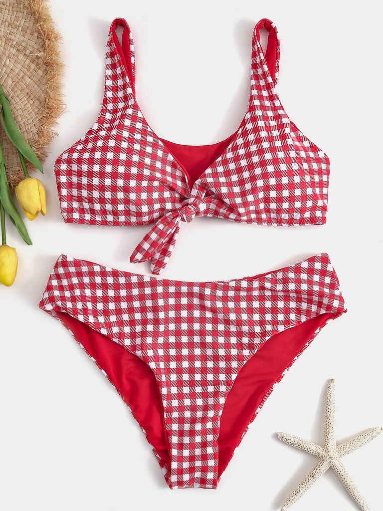 Red V-Neck Sleeveless Grid Bikini Sets