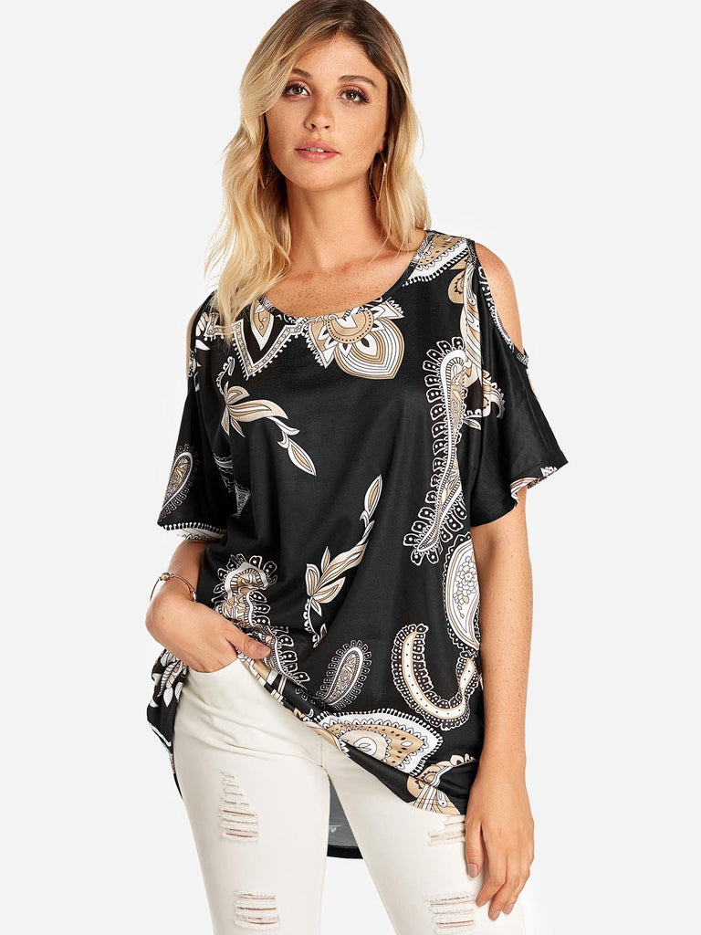 Round Neck Cold Shoulder Printed Cut Out Short Sleeve Black T-Shirts