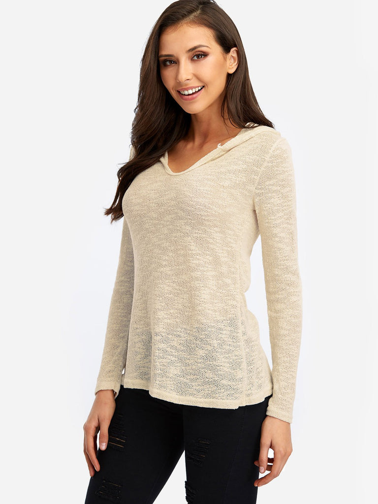 V-Neck Hooded Long Sleeve White T-Shirts
