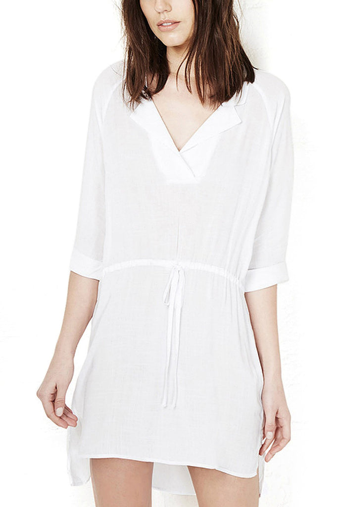 Lapel Sleeved Dresses With Drawstring