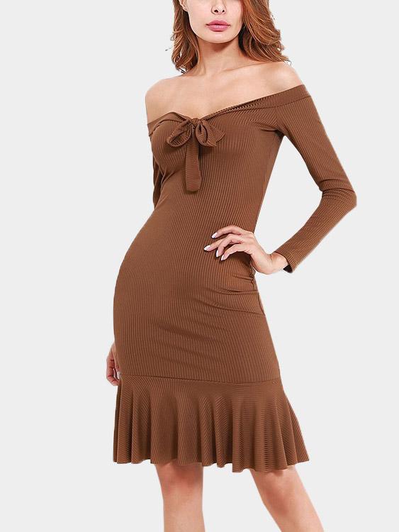 Brown Off The Shoulder Long Sleeve Plain Backless Flounced Hem Dresses