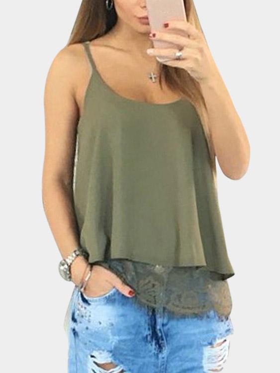 Round Neck Lace Sleeveless Army Green Camis