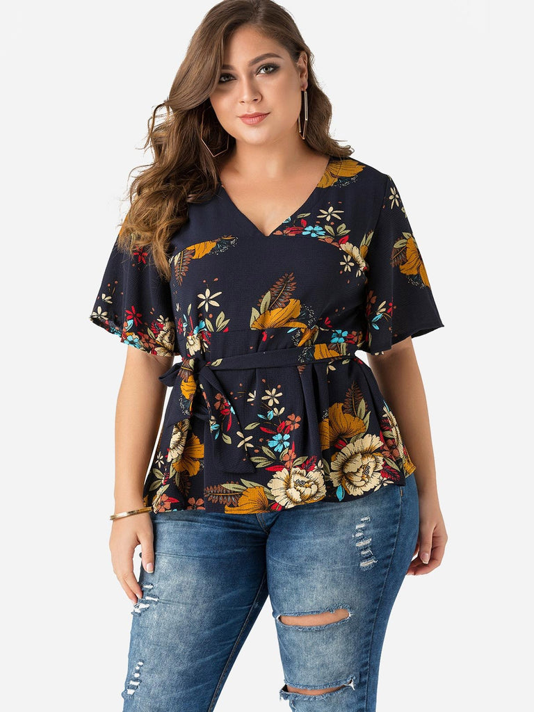 V-Neck Floral Print Self-Tie Half Sleeve Flounced Hem Black Plus Size Tops