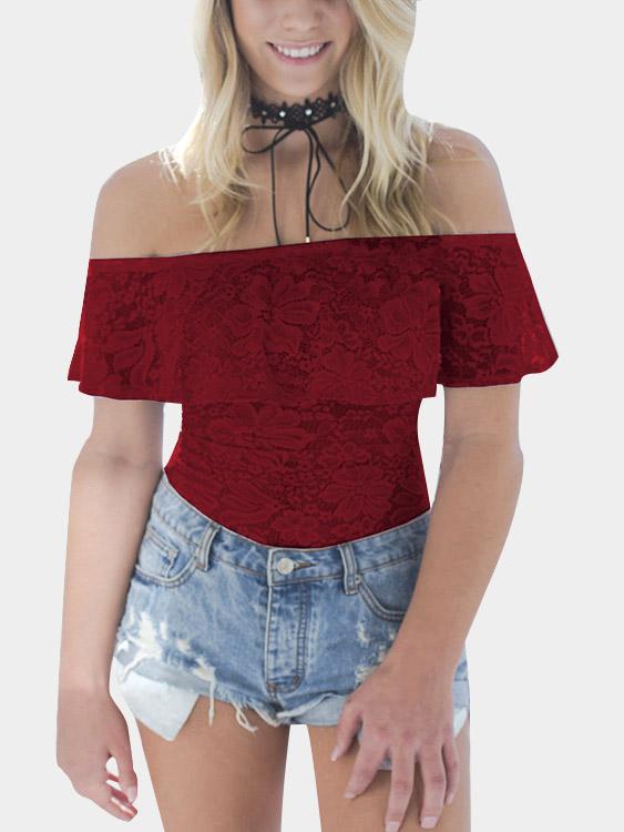 Burgundy Off The Shoulder Short Sleeve Lace Backless Bodysuits