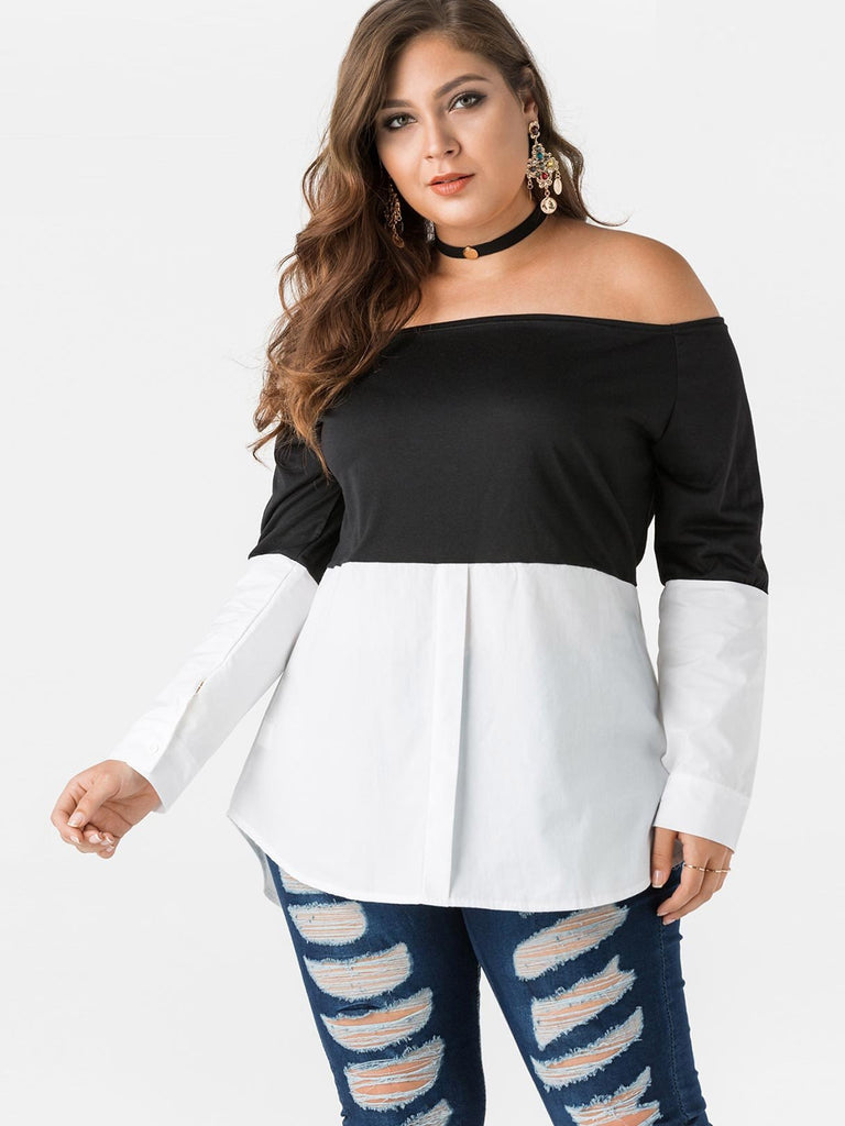 Off The Shoulder Backless Long Sleeve Curved Stitching Hem Plus Size Tops