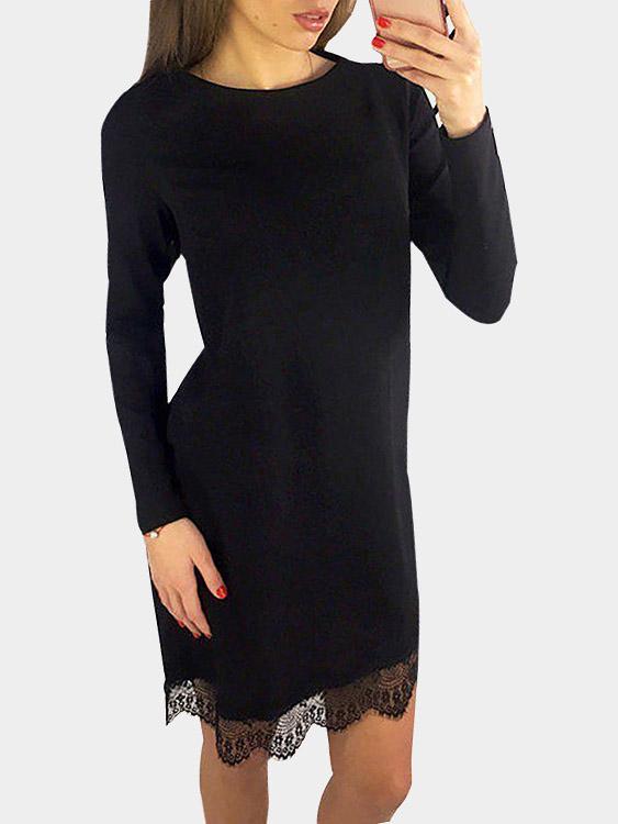Round Neck Lace Long Sleeve Irregular Hem Black Shirt Dresses