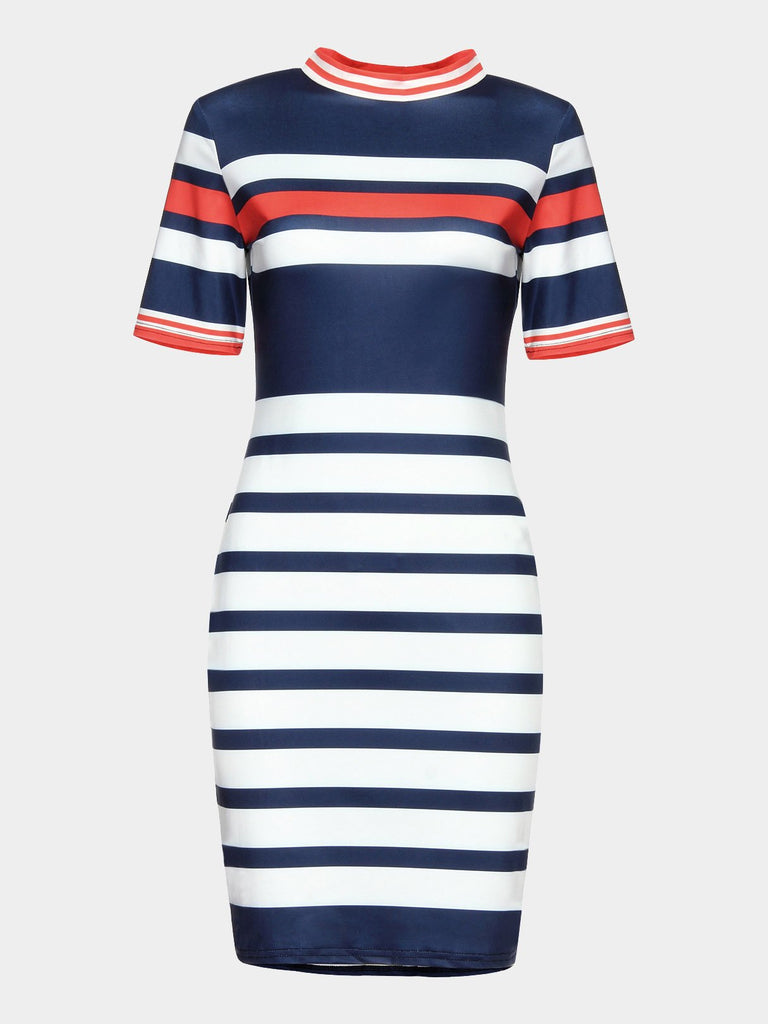 Crew Neck Short Sleeve Stripe Mini Dress
