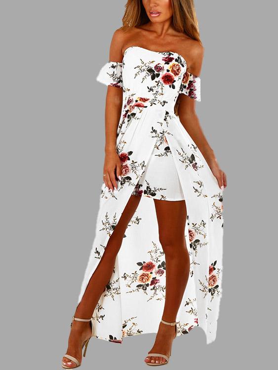 Off The Shoulder Floral Print Short Sleeve Backless Slit Hem Dresses