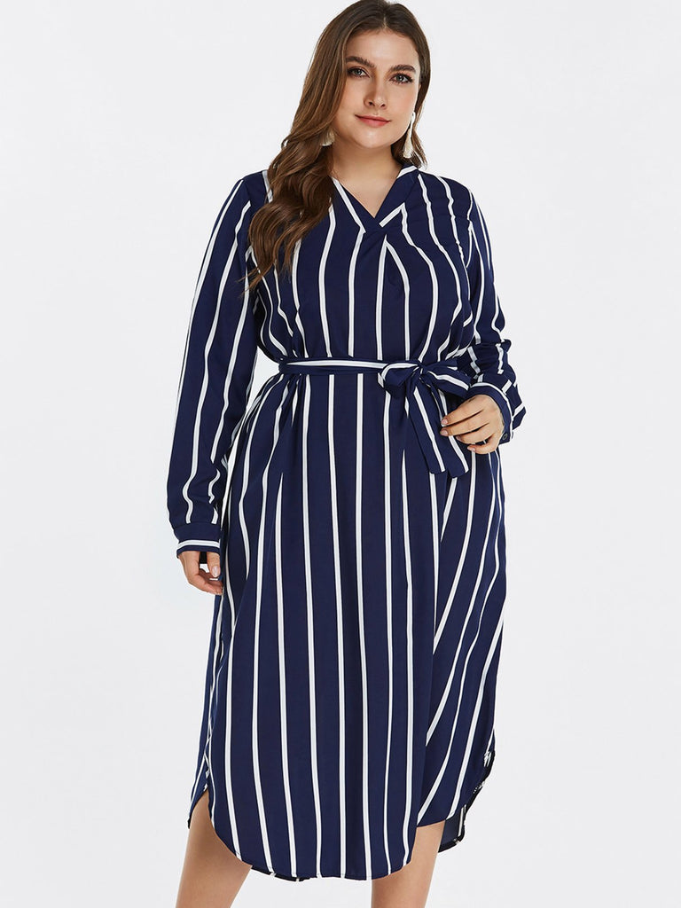 V-Neck Stripe Self-Tie Long Sleeve Curved Hem Navy Plus Size Dress