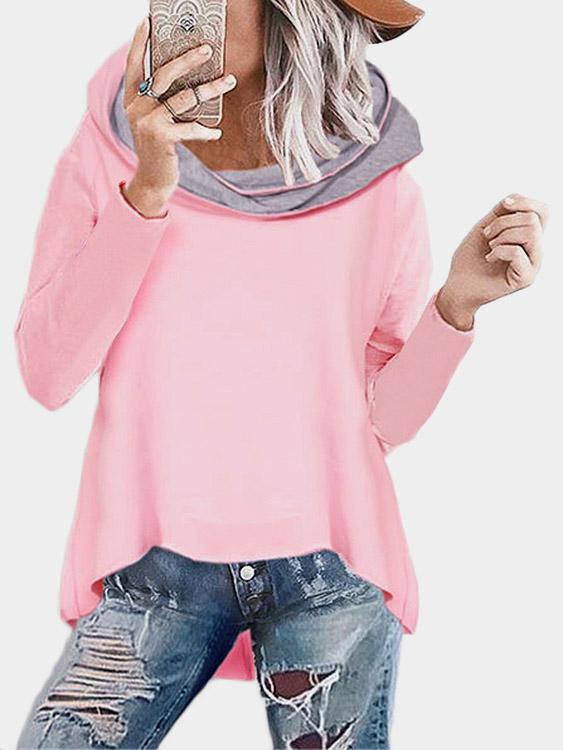 Pullover Hooded Long Sleeve Irregular Hem Pink T-Shirts