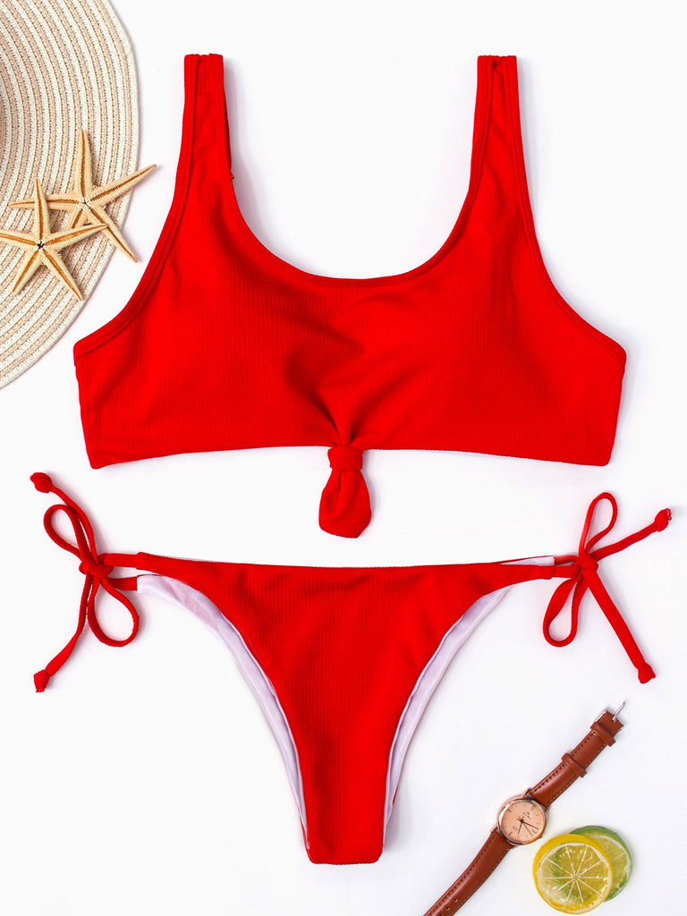 Sleeveless Plain Spaghetti Strap Bikini Set
