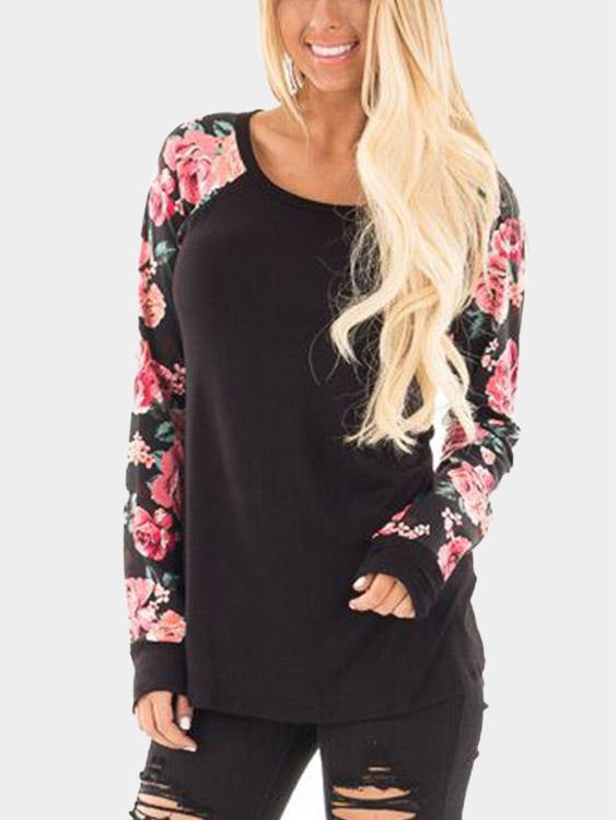 Round Neck Floral Print Long Sleeve Black T-Shirts