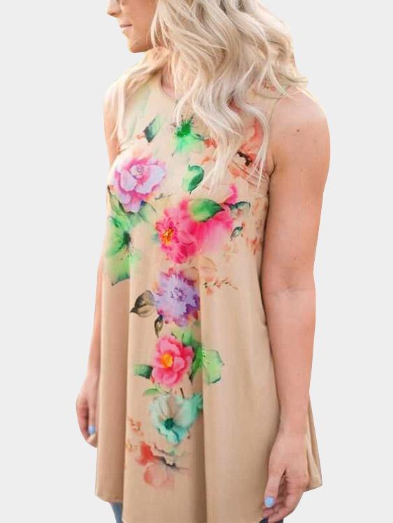 Khaki Sleeveless Floral Print Dresses