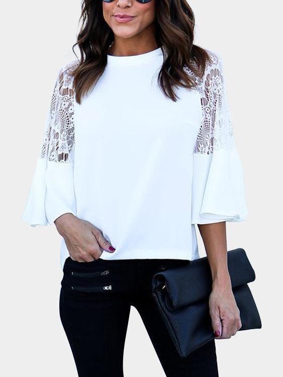 Round Neck Lace Half Sleeve Ruffle Hem White Top