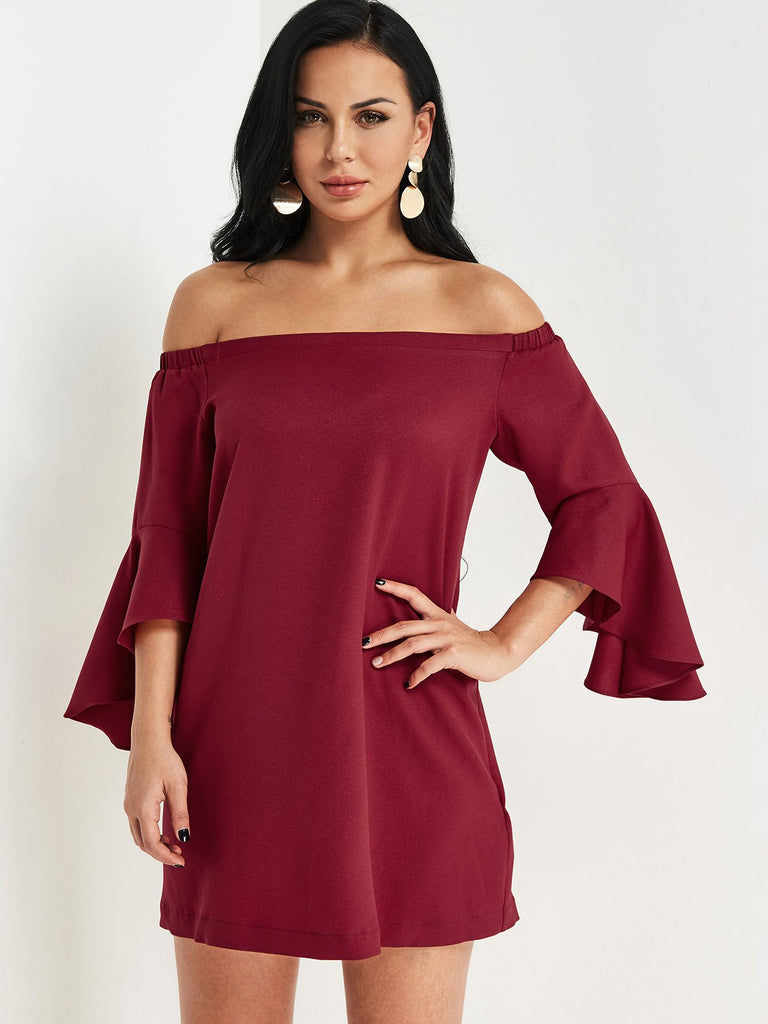 Red Off The Shoulder 3/4 Sleeve Length Plain Dresses