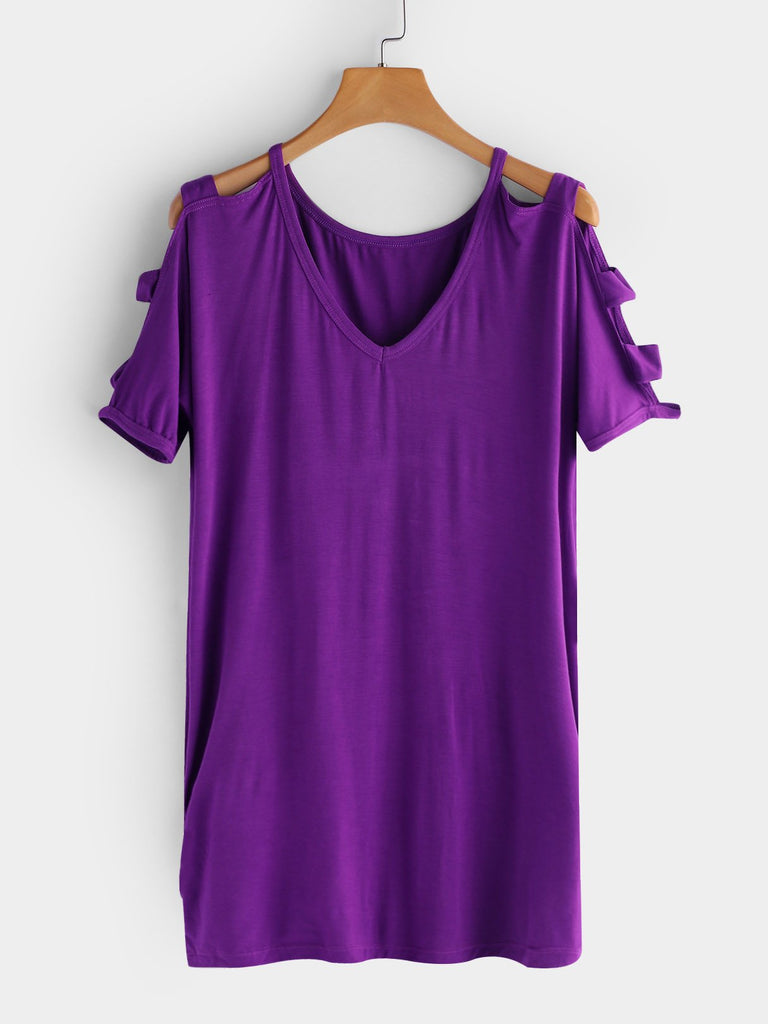 V-Neck Cold Shoulder Plain Hollow Cut Out Pleated Short Sleeve T-Shirts