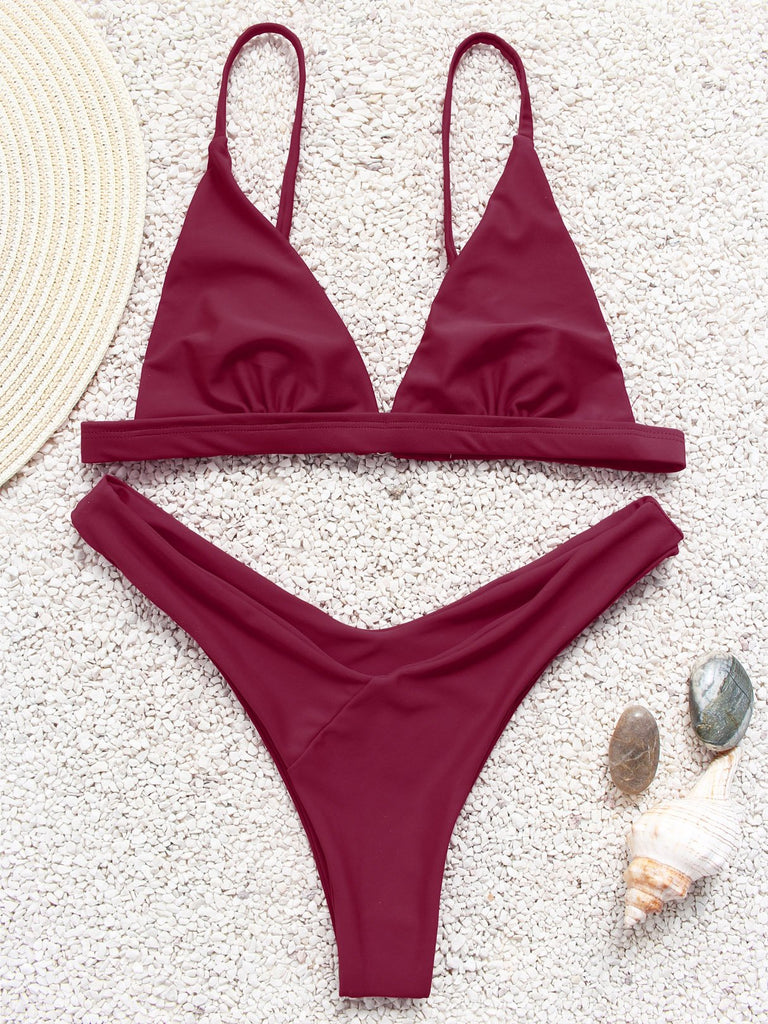 Burgundy V-Neck Sleeveless Plain Bikini Swimsuit