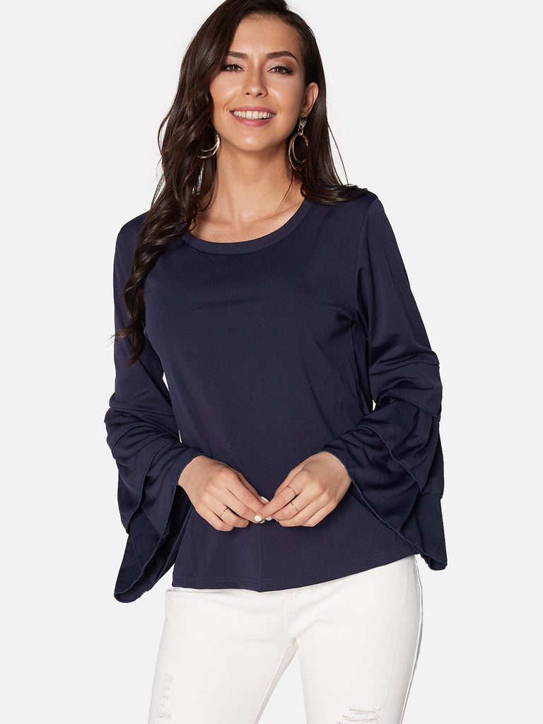 Round Neck Plain Long Sleeve Fashion Tee