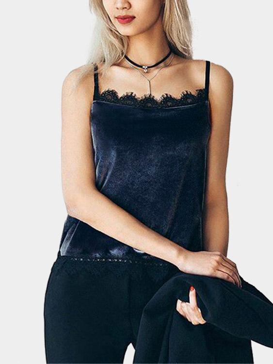 Round Neck Lace Sleeveless Navy Blue Camis