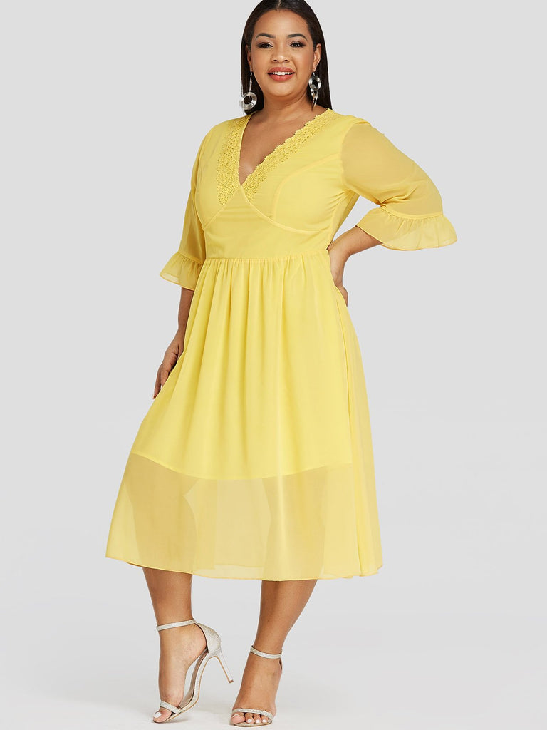 Deep V Neck Plain Crochet Lace Embellished Double Layer Half Sleeve Yellow Plus Size Dress