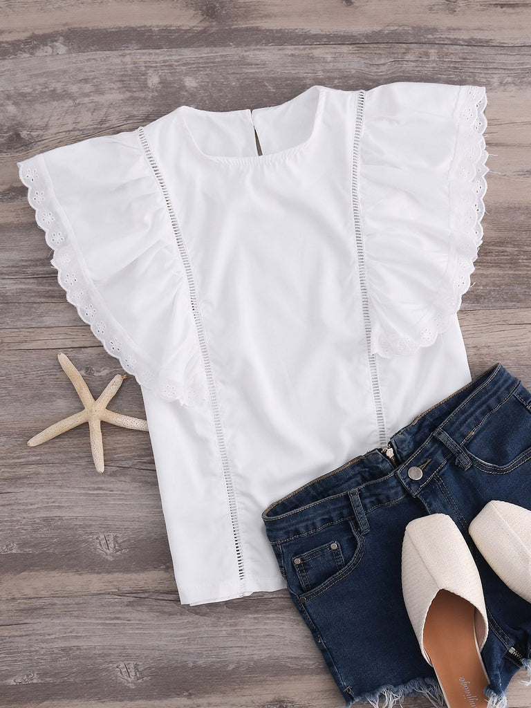 Round Neck Plain Cut Out Ruffle Trim Short Sleeve White T-Shirts