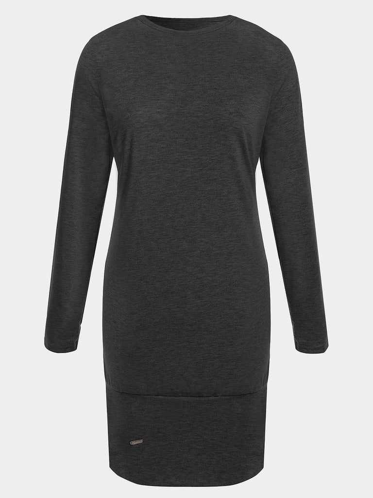 Round Neck Plain Side Pockets Long Sleeve Black Casual Dresses