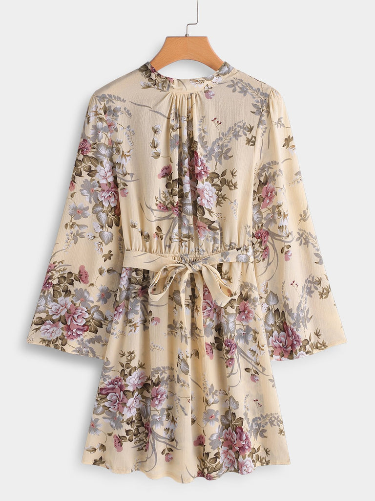 Crew Neck Floral Print Backless Self-Tie Long Sleeve Khaki Dresses