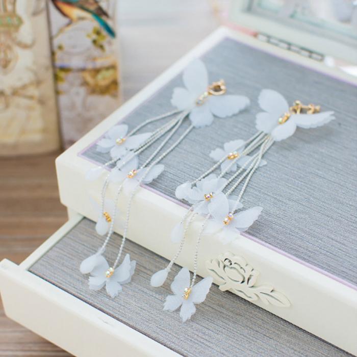 1 Pair Fashion Women Brides Flower Butterfly Long Tassel Wedding Dangle Earrings Jewelry Gifts