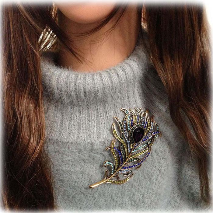 Fashion Vintage Women Romantic Feather Brooch Crystal Rhinestone Brooches Pin For Lady Dress Scarf Jewelry Accessories
