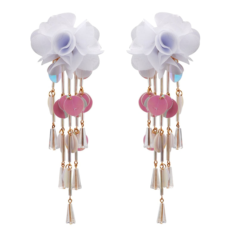 1 Pair Women Flower Earrings Tassels Sequins Ladies Girls Long Dangle Earring Jewelry Gifts