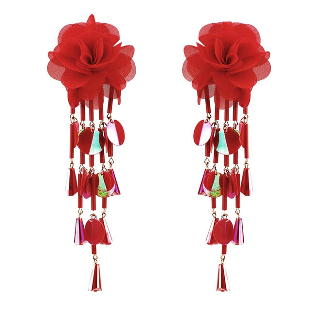 1 Pair Women Flower Earrings Tassels Sequins Ladies Girls Long Dangle Earring Jewelry Gifts