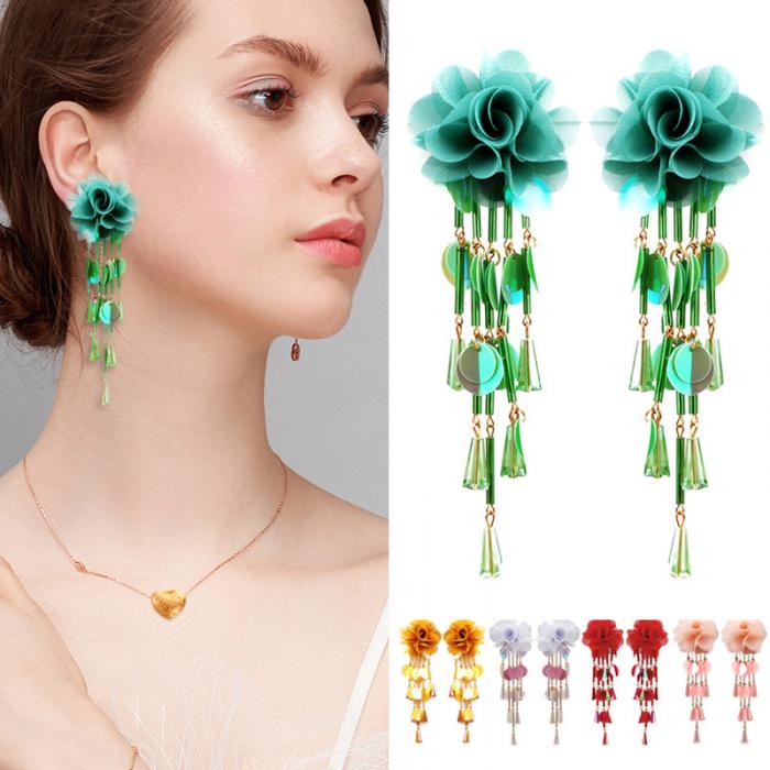 1 Pair Women Flower Earrings Tassels Sequins Ladies Girls Long Dangle Earring Jewelry Gifts