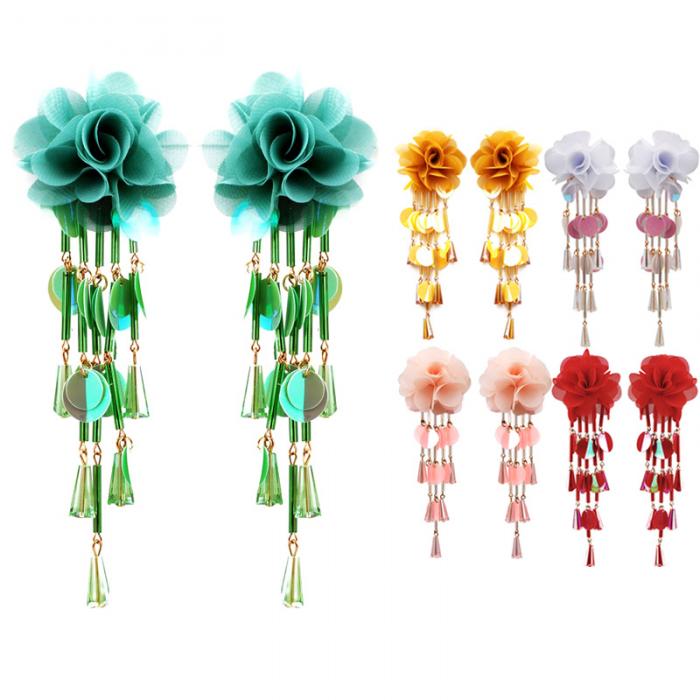 1 Pair Women Flower Earrings Tassels Sequins Ladies Girls Long Dangle Earring Jewelry Gifts