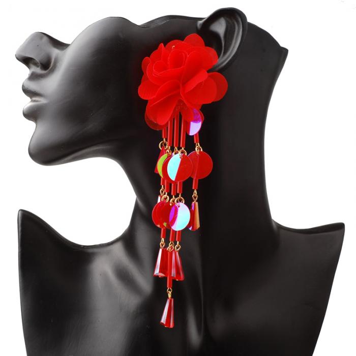 1 Pair Women Flower Earrings Tassels Sequins Ladies Girls Long Dangle Earring Jewelry Gifts