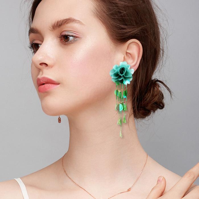 1 Pair Women Flower Earrings Tassels Sequins Ladies Girls Long Dangle Earring Jewelry Gifts