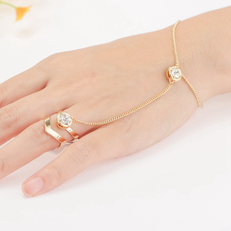 Women Ring Hand Chain Punk Style Jewelry Open Cuff Geometric Hollow Ring