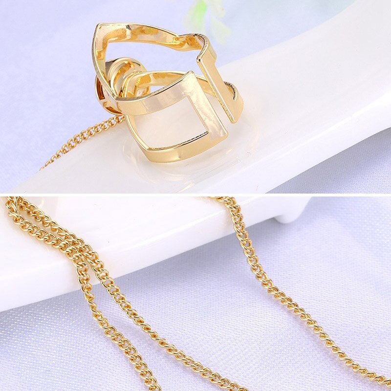 Women Ring Hand Chain Punk Style Jewelry Open Cuff Geometric Hollow Ring